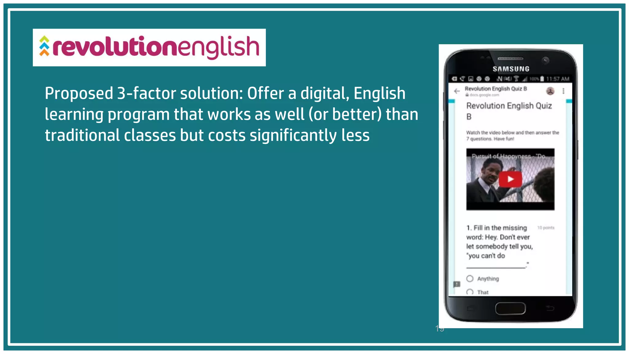Proposed 3-factor solution: Offer a digital, English
learning program that works as well (or better) than
traditional classes but costs significantly less
19
 