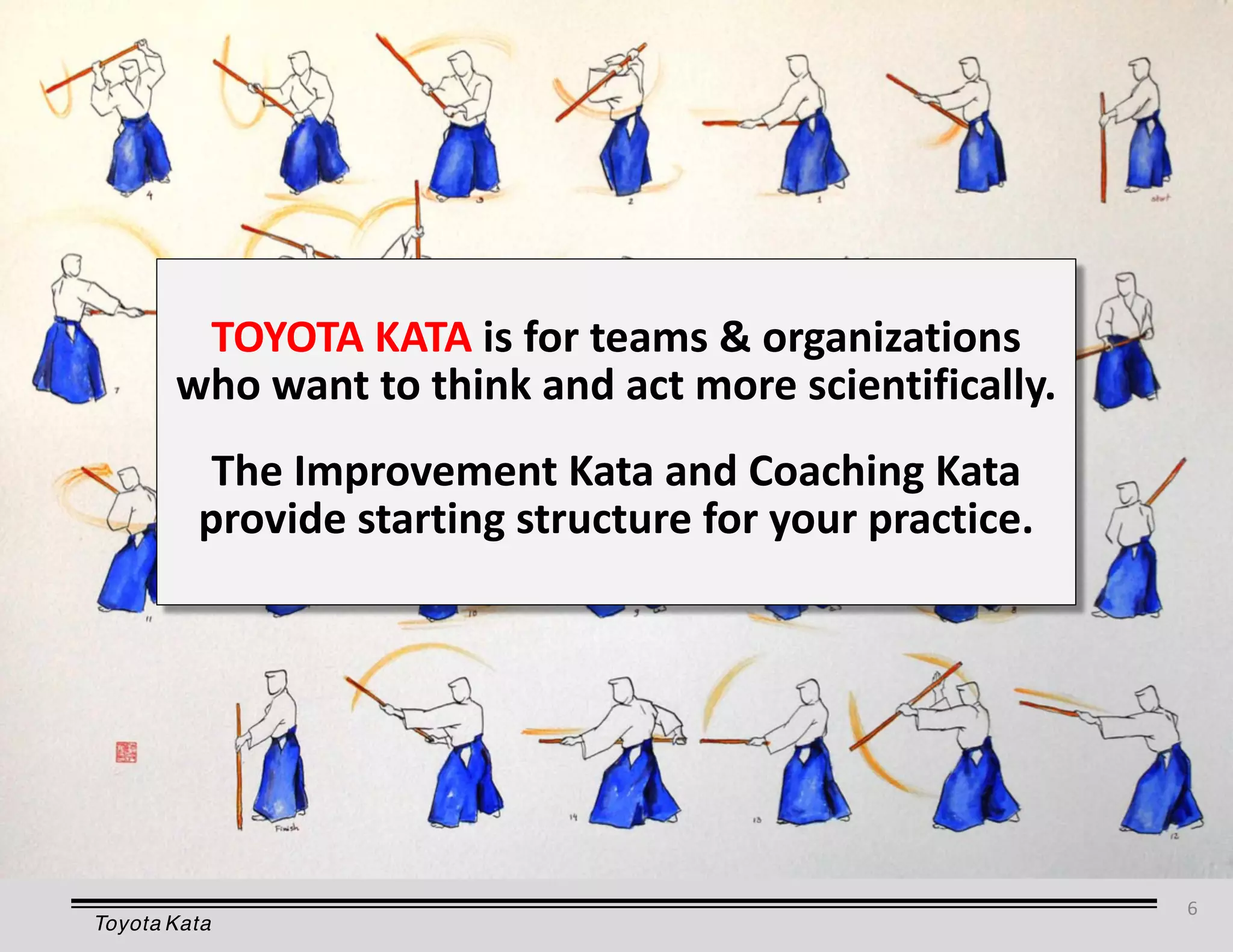 Toyota Kata
TOYOTA KATA is for teams & organizations
who want to think and act more scientifically.
The Improvement Kata and Coaching Kata
provide starting structure for your practice.
6
 