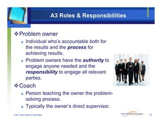 A3 Roles & Responsibilities
Problem owner
 Individual who’s accountable both for
the results and the process for
achievi...