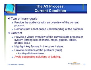 The A3 Process:
Current Condition
Two primary goals
P id th di ith i f th t Provide the audience with an overview of the...