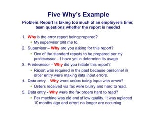 Five Why’s Example
Problem: Report is taking too much of an employee’s time;
1. Why is the error report being prepared?
Pr...