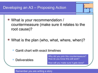 Developing an A3 – Proposing Action
 What is your recommendation /
countermeasure (make sure it relates to the
root cause)?
 What is the plan (who, what, where, when)?
 Gantt chart with exact timelines
 Deliverables
Why did you pick this countermeasure?
How do you know this will work?
How will you make sure it gets done?
Remember you are writing a story
 