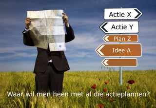 Actie X
Actie Y
Idee A
Plan Z
Waar wil men heen met al die actieplannen?
 