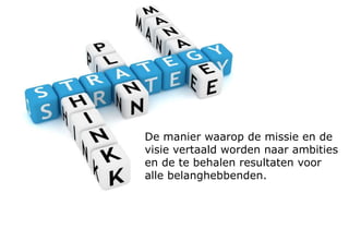 Verbeteren en vernieuwen
Leiderschap
Manage-
ment van
processen
Resultaten
bij bestuur
en
financiers
Management van
medewerkers
Strategie en
beleid
Management van
middelen
Resultaten bij
medewerkers
Resultaten bij
klanten en
partners
Resultaten voor
de maatschappij
Factoren Resultaten
Missie Visie Succesbepalende factoren
 