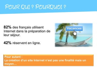 POUR QUI ? POURQUOI ?

82% des français utilisent
Internet dans la préparation de
leur séjour.

42% réservent en ligne.


Pour autant :
La création d’un site Internet n’est pas une finalité mais un
moyen…
 