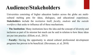 Audience/Stakeholders
Universities consisting of higher education leaders across the globe are multi-
cultural melting pots for ideas, dialogues, and educational experiences.
Stakeholders include the institution itself, faculty, students and the outside
workforce that seeks to influence all of these mechanisms.
 The Institution: Many institutions have the idea and the concept of diversity and
inclusion as part of its mission but much can be said in relation to how these ideas
are put into practice. (Elliott, et al., 2013)
 Faculty: Having the opportunity to attend cultural professional development
programs has proven to be beneficial. (Devereaux, et. al, 2010)
 