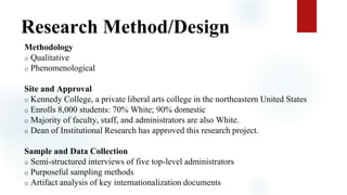 Research Method/Design
Methodology
o Qualitative
o Phenomenological
Site and Approval
o Kennedy College, a private liberal arts college in the northeastern United States
o Enrolls 8,000 students: 70% White; 90% domestic
o Majority of faculty, staff, and administrators are also White.
o Dean of Institutional Research has approved this research project.
Sample and Data Collection
o Semi-structured interviews of five top-level administrators
o Purposeful sampling methods
o Artifact analysis of key internationalization documents
 