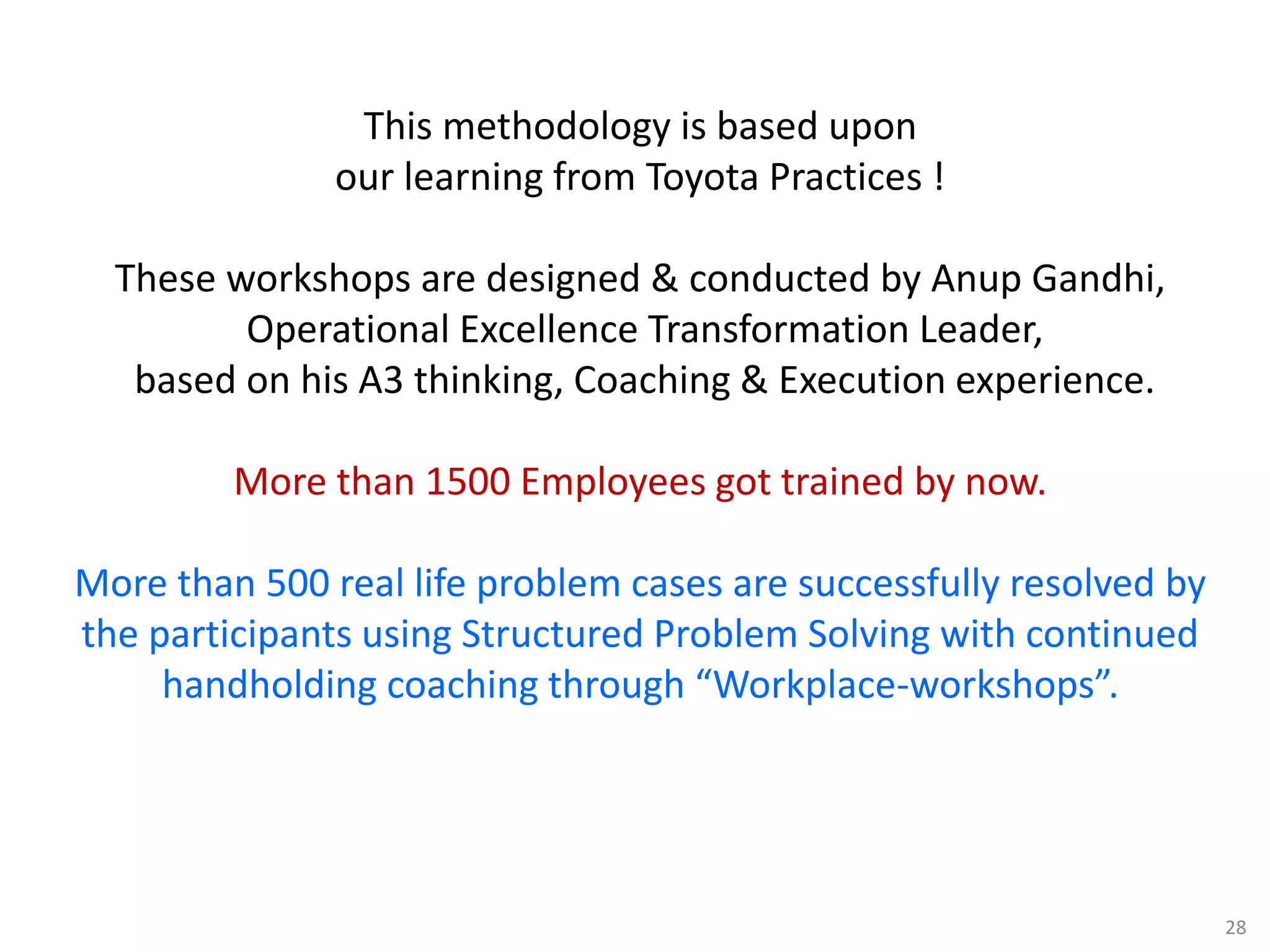 28
This methodology is based upon
our learning from Toyota Practices !
These workshops are designed & conducted by Anup Gandhi,
Operational Excellence Transformation Leader,
based on his A3 thinking, Coaching & Execution experience.
More than 1500 Employees got trained by now.
More than 500 real life problem cases are successfully resolved by
the participants using Structured Problem Solving with continued
handholding coaching through “Workplace-workshops”.
 