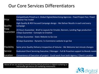 Our Core Services Differentiators
Price
Competitively Priced w.r.t. Global Digital/Advertising Agencies - Fixed Project Fee / Fixed
Retainer Fee model
Quality
High Quality & ROI Focused Campaign design - We Deliver Results in each and every
campaign
Time
Guarantee
24 Hours Guarantee - Brief to Layouts for Emailer, Banners, Landing Page production
3 Days Guarantee - Concepts to Creative
10 Days Guarantee - Static Website to Go Live
30 days Guarantee - Dynamic / e-Commerce website to go live
Flexibility Same price Quality Delivery irrespective of Volume - We Welcome last minute changes
Service Dedicated Client Servicing Executive / Manager - Full & Proactive support to Brands needs
Location Convenience of Execution of project - Could work from both Agency / Client's Location
Above all we are working towards brining ethical practices in digital marketing so
that brands get returns on marketing investments
 