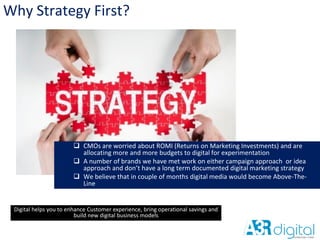 Why Strategy First?
Digital helps you to enhance Customer experience, bring operational savings and
build new digital business models
 CMOs are worried about ROMI (Returns on Marketing Investments) and are
allocating more and more budgets to digital for experimentation
 A number of brands we have met work on either campaign approach or idea
approach and don’t have a long term documented digital marketing strategy
 We believe that in couple of months digital media would become Above-The-
Line
 