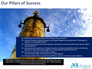 Our Pillars of Success
A3R Digital is backed up by the core team members with decades of business
experiences in Digital Marketing, Print/Electronic Media, BTL, CRM, Outdoor,
Activation and Transit Advertising…
 Marketing and Networking with existing customers bases
 Industry veteran, eminent speaker and a global digital marketing expert is leading this
venture as chief digital officer
 Continual learning, customer orientation, growth focused and performance driven highly
motivated team
 Having domain expertise of multiple industry verticals including Real Estate, Healthcare,
Education, Retail Advertising Agencies, Automobiles, Mobile Phones etc.
 One of our promoter is from Ankur Media –
a 37 years old Indian print & electronic media agency
 Having multiple offices, partners and delivery centers to ensure project delivery
 