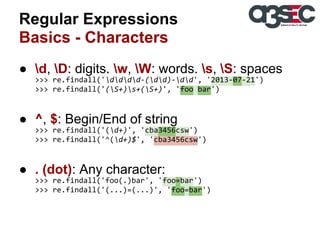 Regular Expressions
Basics - Characters
● d, D: digits. w, W: words. s, S: spaces
>>> re.findall('dddd-(dd)-dd', '2013-07-21')
>>> re.findall('(S+)s+(S+)', 'foo bar')

● ^, $: Begin/End of string
>>> re.findall('(d+)', 'cba3456csw')
>>> re.findall('^(d+)$', 'cba3456csw')

● . (dot): Any character:
>>> re.findall('foo(.)bar', 'foo=bar')
>>> re.findall('(...)=(...)', 'foo=bar')

 