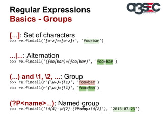 Regular Expressions
Basics - Groups
[...]: Set of characters
>>> re.findall('[a-z]+=[a-z]+', 'foo=bar')

...|...: Alternation
>>> re.findall('(foo|bar)=(foo|bar)', 'foo=bar')

(...) and 1, 2, ...: Group
>>> re.findall(r'(w+)=(1)', 'foo=bar')
>>> re.findall(r'(w+)=(1)', 'foo=foo')

(?P<name>...): Named group
>>> re.findall('d{4}-d{2}-(?P<day>d{2}'), '2013-07-23')

 