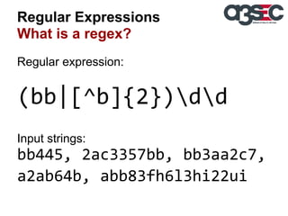 Regular Expressions
What is a regex?
Regular expression:

(bb|[^b]{2})dd
Input strings:

bb445, 2ac3357bb, bb3aa2c7,
a2ab64b, abb83fh6l3hi22ui

 