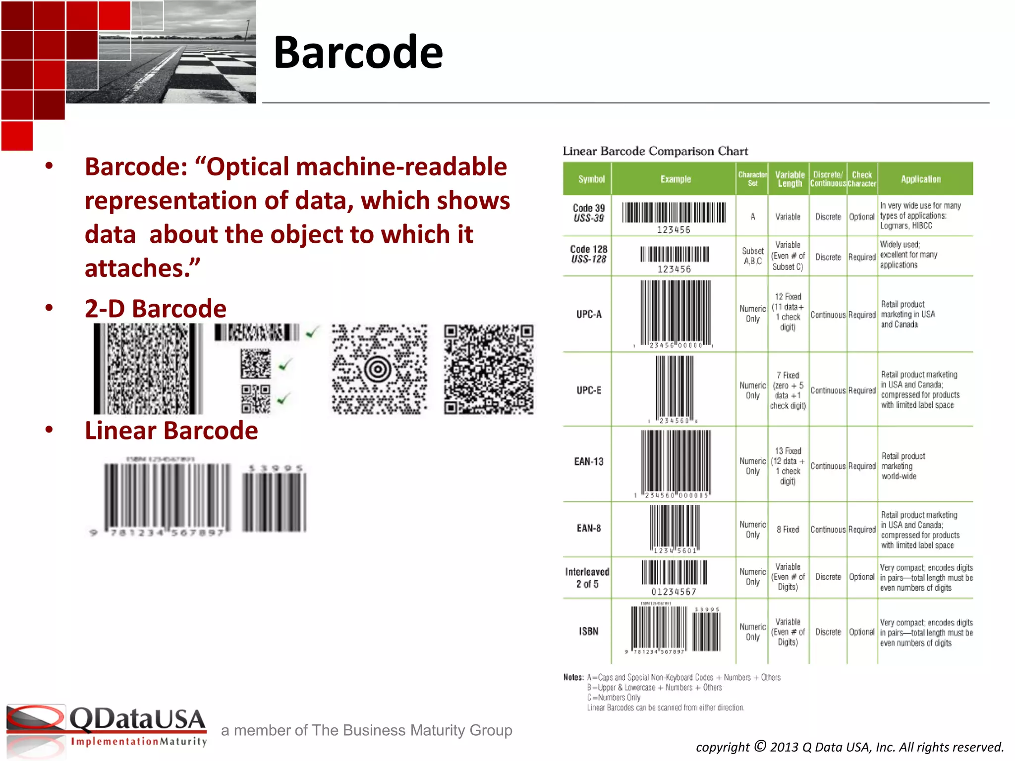 copyright © 2013 Q Data USA, Inc. All rights reserved.
a member of The Business Maturity Group
• Barcode: “Optical machine-readable
representation of data, which shows
data about the object to which it
attaches.”
• 2-D Barcode
• Linear Barcode
Barcode
 