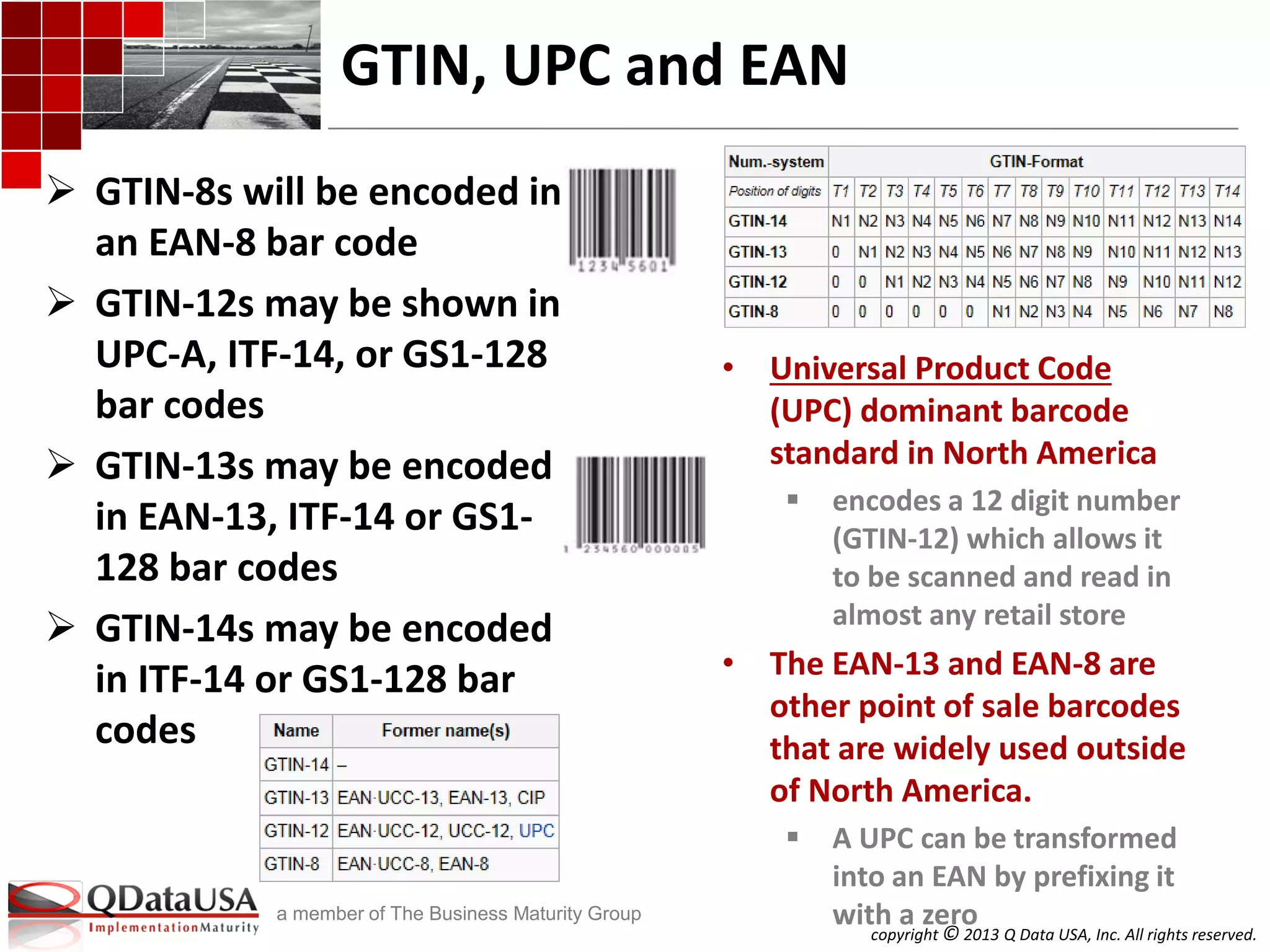 copyright © 2013 Q Data USA, Inc. All rights reserved.
a member of The Business Maturity Group
GTIN, UPC and EAN
 GTIN-8s will be encoded in
an EAN-8 bar code
 GTIN-12s may be shown in
UPC-A, ITF-14, or GS1-128
bar codes
 GTIN-13s may be encoded
in EAN-13, ITF-14 or GS1-
128 bar codes
 GTIN-14s may be encoded
in ITF-14 or GS1-128 bar
codes
• Universal Product Code
(UPC) dominant barcode
standard in North America
 encodes a 12 digit number
(GTIN-12) which allows it
to be scanned and read in
almost any retail store
• The EAN-13 and EAN-8 are
other point of sale barcodes
that are widely used outside
of North America.
 A UPC can be transformed
into an EAN by prefixing it
with a zero
 