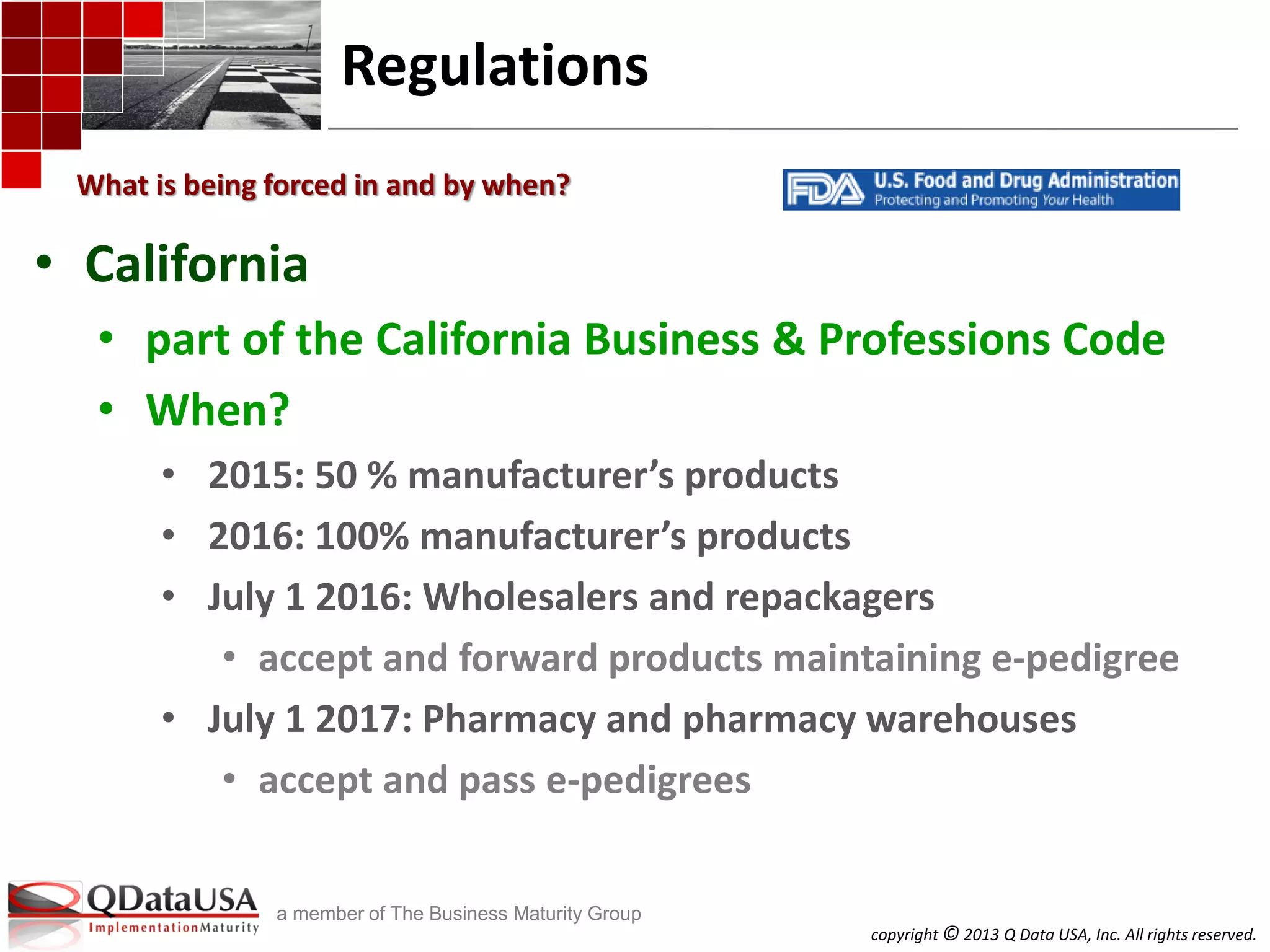 copyright © 2013 Q Data USA, Inc. All rights reserved.
a member of The Business Maturity Group
Regulations
• California
• part of the California Business & Professions Code
• When?
• 2015: 50 % manufacturer’s products
• 2016: 100% manufacturer’s products
• July 1 2016: Wholesalers and repackagers
• accept and forward products maintaining e-pedigree
• July 1 2017: Pharmacy and pharmacy warehouses
• accept and pass e-pedigrees
What is being forced in and by when?
 