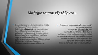 Μαθήματα που εξετάζονται.
• Οι γραπτές προαγωγικές εξετάσεις στην Α ́ τάξη
του Ημερήσιου Γενικού Λυκείου
διεξάγονται ενδοσχολικά και περιλαμβάνουν
όλα τα διδασκόμενα μαθήματα εκτός των
μαθημάτων της Ερευνητικής Εργασίας και της
Φυσικής Αγωγής, με κοινά θέματα για όλα τα
τμήματα του ίδιου σχολείου, που
ορίζονται αποκλειστικά από τον διδάσκοντα/τους
διδάσκοντες, το μάθημα.Τα γραπτά
διορθώνονται από τον οικείο διδάσκοντα.
• Οι γραπτές προαγωγικές εξετάσεις στη Β ́
τάξη του Ημερήσιου
διεξάγονται ενδοσχολικά και
περιλαμβάνουν όλα τα διδασκόμενα
μαθήματα εκτός της Ερευνητικής Εργασίας
και της Φυσικής Αγωγής, με κοινά θέματα για
όλα τα τμήματα του ίδιου σχολείου, που
ορίζονται αποκλειστικά από τον
διδάσκοντα/τους διδάσκοντες, το μάθημα.
 
