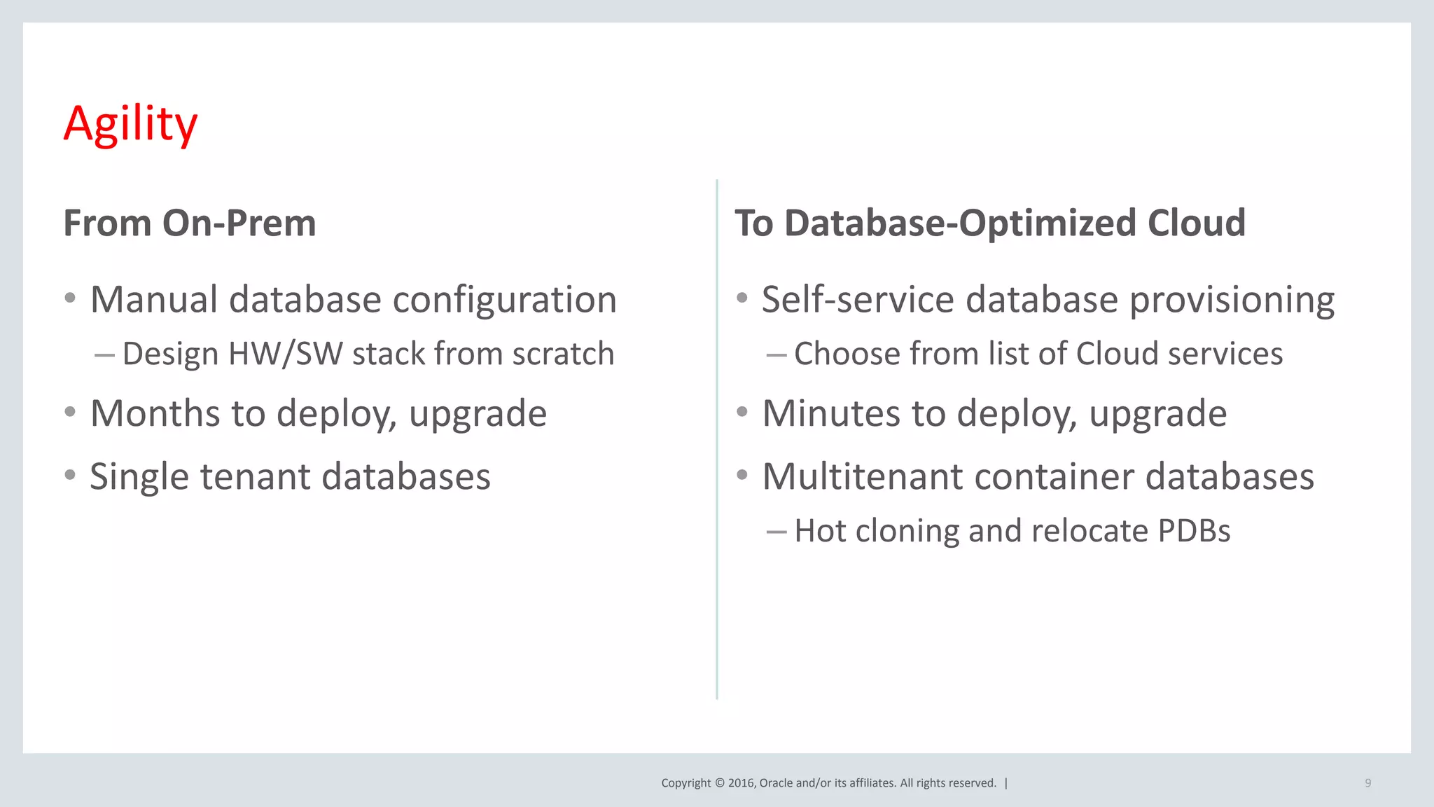 Copyright © 2016, Oracle and/or its affiliates. All rights reserved. |
Agility
From On-Prem
• Manual database configuration
– Design HW/SW stack from scratch
• Months to deploy, upgrade
• Single tenant databases
To Database-Optimized Cloud
• Self-service database provisioning
– Choose from list of Cloud services
• Minutes to deploy, upgrade
• Multitenant container databases
– Hot cloning and relocate PDBs
9
 