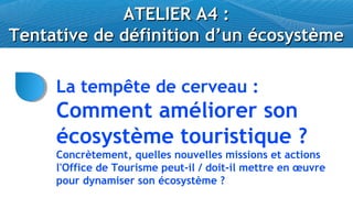 ATELIER A4 :
Tentative de définition d’un écosystème

     La tempête de cerveau :
     Comment améliorer son
     écosystème touristique ?
     Concrètement, quelles nouvelles missions et actions
     l'Office de Tourisme peut-il / doit-il mettre en œuvre
     pour dynamiser son écosystème ?
 