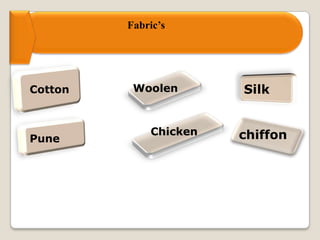 Fabric’s
Cotton Woolen
Pune
Chicken
Silk
chiffon
 