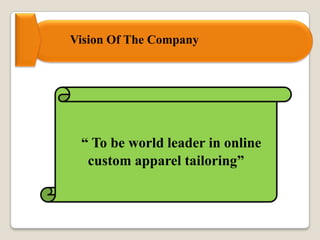 “ To be world leader in online
custom apparel tailoring”
Vision Of The Company
 
