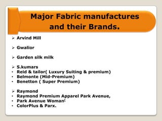 Major Fabric manufactures
and their Brands.
 Arvind Mill
 Gwalior
 Garden silk milk
 S.kumars
• Reid & tailor( Luxury Suiting & premium)
• Belmonte (Mid-Premium)
• Benetton ( Super Premium)
 Raymond
• Raymond Premium Apparel Park Avenue,
• Park Avenue Woman[
• ColorPlus & Parx.
 