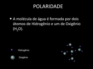 POLARIDADE
• A molécula de água é formada por dois
átomos de Hidrogênio e um de Oxigênio
(H2O).

Hidrogênio
Oxigênio

 