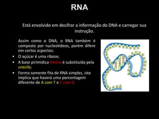 RNA
Está envolvido em decifrar a informação do DNA e carregar sua
instrução.
Assim como o DNA, o RNA também é
composto por nucleotídeos, porém difere
em certos aspectos:
• O açúcar é uma ribose;
• A base pirimídica timina é substituída pela
uracila;
• Forma somente fita de RNA simples, isto
implica que haverá uma porcentagem
diferente de A com T e C com G

 