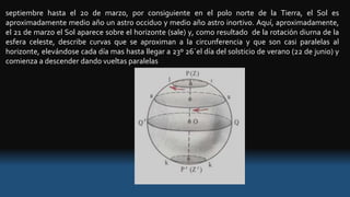 septiembre hasta el 20 de marzo, por consiguiente en el polo norte de la Tierra, el Sol es
aproximadamente medio año un astro occiduo y medio año astro inortivo. Aquí, aproximadamente,
el 21 de marzo el Sol aparece sobre el horizonte (sale) y, como resultado de la rotación diurna de la
esfera celeste, describe curvas que se aproximan a la circunferencia y que son casi paralelas al
horizonte, elevándose cada día mas hasta llegar a 23º 26´el día del solsticio de verano (22 de junio) y
comienza a descender dando vueltas paralelas
 
