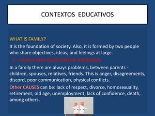 CONTEXTOS EDUCATIVOS
WHAT IS FAMILY?
It is the foundation of society. Also, it is formed by two people
who share objectives, ideas, and feelings at large.
1.- FAMILY AND RELATIONSHIP PROBLEMS
In a family there are always problems, between parents -
children, spouses, relatives, friends. This is anger, disagreements,
discord, poor communication, physical conflicts.
can be: lack of respect, divorce, homosexuality,
retirement, old age, unemployment, lack of confidence, death,
among others.
 