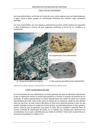 NOCIONES DE ESTABILIDAD DE CORTINAS
FACULTAD DE INGENIERÍA
7
Las rocas sedimentarias, se forman con restos de roca o restos orgánicos que son depositados por
el agua, viento o lluvia, pueden ser identificadas fácilmente por contener capas claramente
definidas.
Las rocas metamórficas, son rocas ígneas o sedimentarias que han sufrido cambios por exposición
a altas temperaturas o fuerzas de gran magnitud, cambiando la forma de sus cristales y su
composición.
a) Colada de obsidiana (roca ígnea)
Figura 2.3.2.1 Rocas ígneas, metamórficas y sedimentarias, Referencia 5
2.3.2.2 Características del suelo
En las formaciones de roca sedimentaria, se tienen partículas de suelo de diferentes tamaños por
lo que es importante realizar un análisis granulométrico y conocer la variación de tamaños de sus
partículas. El análisis granulométrico se realiza dejando pasar por medio de mallas una muestra
representativa de suelo. Estas mallas varían el tamaño de sus aperturas, desde las más abiertas
hasta las más finas, la malla número 200 define el límite entre partículas gruesas y finas, las que
quedan retenidas en ella o en mallas por encima de ésta, son partículas gruesas, es decir; gravas y
arenas, mientras que las partículas que pasan la malla 200 se consideran partículas finas. El
Sistema Unificado de Clasificación de Suelos, es un método muy utilizado para determinar las
características de un suelo e identificarlas por medio de símbolos. Todas estas características se
encuentran resumidas en la Tabla 2.3.2.2
b) Conglomerado (roca sedimentaria)
c) Mica esquisto granatífero (roca metamórfica)
 