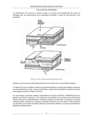 NOCIONES DE ESTABILIDAD DE CORTINAS
FACULTAD DE INGENIERÍA
11
La identificación de cruceros se realiza en base a sus planos de estratificación los cuales se
distinguen por las características de su disposición localizada a través de una dirección y una
pendiente.
Figura 3.3.2.6 a) Tipos de fallas, Referencia 16
Cuando una zona presenta varias fallas próximas se le conoce como zona de falla o desgarre.
En algunos las rocas se doblan o flexionan provocando pliegues, cuando estos pliegues presentan
una convexidad hacia arriba, se llaman anticlinales, cuando esta concavidad es cóncava se conoce
como pliegue sinclinal, ver figura 3.3.2.6.b)
Las rocas llegan a presentar pliegues ocasionados por fuerzas de flexión o doblamiento que se
generan por efectos volcánicos. Si los esfuerzos son aplicados en los extremos del estrato este
tiende a presentar un abombamiento, cuando los esfuerzos se presentan a lo largo de un estrato
uniforme tiende a levantarse y produce un pliegue de fluencia, por otra parte si estos esfuerzos
son aplicados a un estrato con planos tabulares, éste tiende a deslizar sus planos ocasionando un
pliegue por desbalamiento.
 