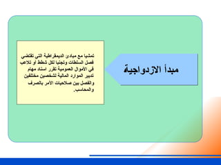 ‫ـ‬‫ة‬‫االزدواجي‬ ‫مبدأ‬
‫تقتضي‬ ‫التي‬ ‫الديمقراطية‬ ‫مبادئ‬ ‫مع‬ ‫تمشيا‬
‫تالعب‬ ‫أو‬ ‫شطط‬ ‫لكل‬ ‫وتجنبا‬ ‫السلطات‬ ‫فصل‬
‫مهام‬ ‫اسناد‬ ‫تقرر‬ ‫العمومية‬ ‫األموال‬ ‫في‬
‫مختلفين‬ ‫لشخصين‬ ‫المالية‬ ‫الموارد‬ ‫تدبير‬
‫بالصرف‬ ‫اآلمر‬ ‫صالحيات‬ ‫بين‬ ‫والفصل‬
.‫والمحاسب‬
 