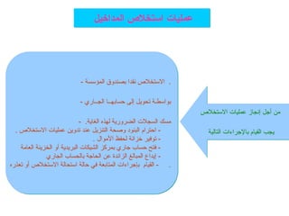 ‫االستخالص‬ ‫عمليات‬ ‫إنجاز‬ ‫أجل‬ ‫من‬
‫التالية‬ ‫باإلجراءات‬ ‫القيام‬ ‫يجب‬
- ‫المؤسسة‬ ‫بصندوق‬ ‫نقدا‬ ‫االستخالص‬ .
- ‫ا‬ ‫حسابهــا‬ ‫إلى‬ ‫تحويل‬ ‫بواسطـة‬
‫ل‬
‫جــار‬
‫ي‬
- .‫الغاية‬ ‫لهذه‬ ‫الضرورية‬ ‫السجالت‬ ‫مسك‬
. ‫االستخالص‬ ‫عمليات‬ ‫تدوين‬ ‫عند‬ ‫التنزيل‬ ‫وصحة‬ ‫البنود‬ ‫احترام‬ -
. ‫األموال‬ ‫لحفظ‬ ‫خزانة‬ ‫توفير‬ -
‫العامة‬ ‫الخزينة‬ ‫أو‬ ‫البريدية‬ ‫الشيكات‬ ‫بمركز‬ ‫جاري‬ ‫حساب‬ ‫فتح‬ -
‫الجاري‬ ‫بالحساب‬ ‫الحاجة‬ ‫عن‬ ‫الزائدة‬ ‫المبالغ‬ ‫إيداع‬ -
‫تعذره‬ ‫أو‬ ‫االستخالص‬ ‫استحالة‬ ‫حالة‬ ‫في‬ ‫المتابعة‬ ‫بإجراءات‬ ‫القيام‬ - .
‫المداخيل‬ ‫استخالص‬ ‫عمليات‬
 