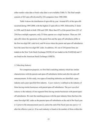 15
either market value data or book value data is not available (Table 3). The final sample
consists of 263 spin-offs divested by 254 companies from 1980-2006.
Table 4 shows the distribution of spin-offs by year. Around 45% of the spin-offs
occurred during 1995-2000, with the highest 23 spin-offs in 1995, followed by 21 deals
in 1998, and 20 deals in both 1996 and 1999. More than 85% of the parent firms (221 of
254) have multiple segments; only 33 firms operate on a single business. There are 169
spin-offs where the operations of the parent firm and the spun-off subsidiaries differ at
the first two-digit SIC code level, and 94 occur where the parent and spun-off subsidiaries
have the same first two-digit SIC codes. In addition, 181 out of 254 parent firms are
traded on the New York Stock Exchange (NYSE) 65 are traded on the NASDAQ and 17
are listed on the American Stock Exchange (AMEX).
3.2 Matching Industry
For comparison purposes, we first find a matching industry which has similar
characteristics with the parents and spun-off subsidiaries before and after the spin-off
announcements. In this study, two types of matching industries are identified: a peer
industry and a peer-specified firm industry. A peer industry is defined as the industry of
firms having similar businesses with parent/spun-off subsidiaries. The peer-specified
industry is the industry of one-segment firms having similar businesses with parent/spun-
off subsidiaries. We start the matching process with the peer industry firms that have the
same four-digit SIC codes as the parents/spun-off subsidiaries at the end of the fiscal year
(t-1) prior to the announcement year (t), and at the end of the fiscal year one year (e+1)
after the effective year (e). If no such industry is found or the number of firms within this
 