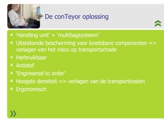 De conTeyor oplossing ‘ Handling unit’ + ‘multibagsysteem’ Uitstekende bescherming voor kwetsbare componenten => verlagen van het risico op transportschade Herbruikbaar Antistof ‘ Engineered to order’ Hoogste densiteit => verlagen van de transportkosten Ergonomisch 