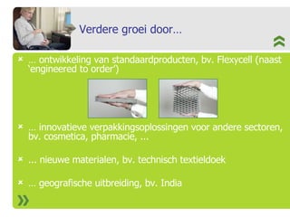 Verdere groei door… …  ontwikkeling van standaardproducten, bv. Flexycell (naast ‘engineered to order’) …  innovatieve verpakkingsoplossingen voor andere sectoren, bv. cosmetica, pharmacie, ... ... nieuwe materialen, bv. technisch textieldoek …  geografische uitbreiding, bv. India 
