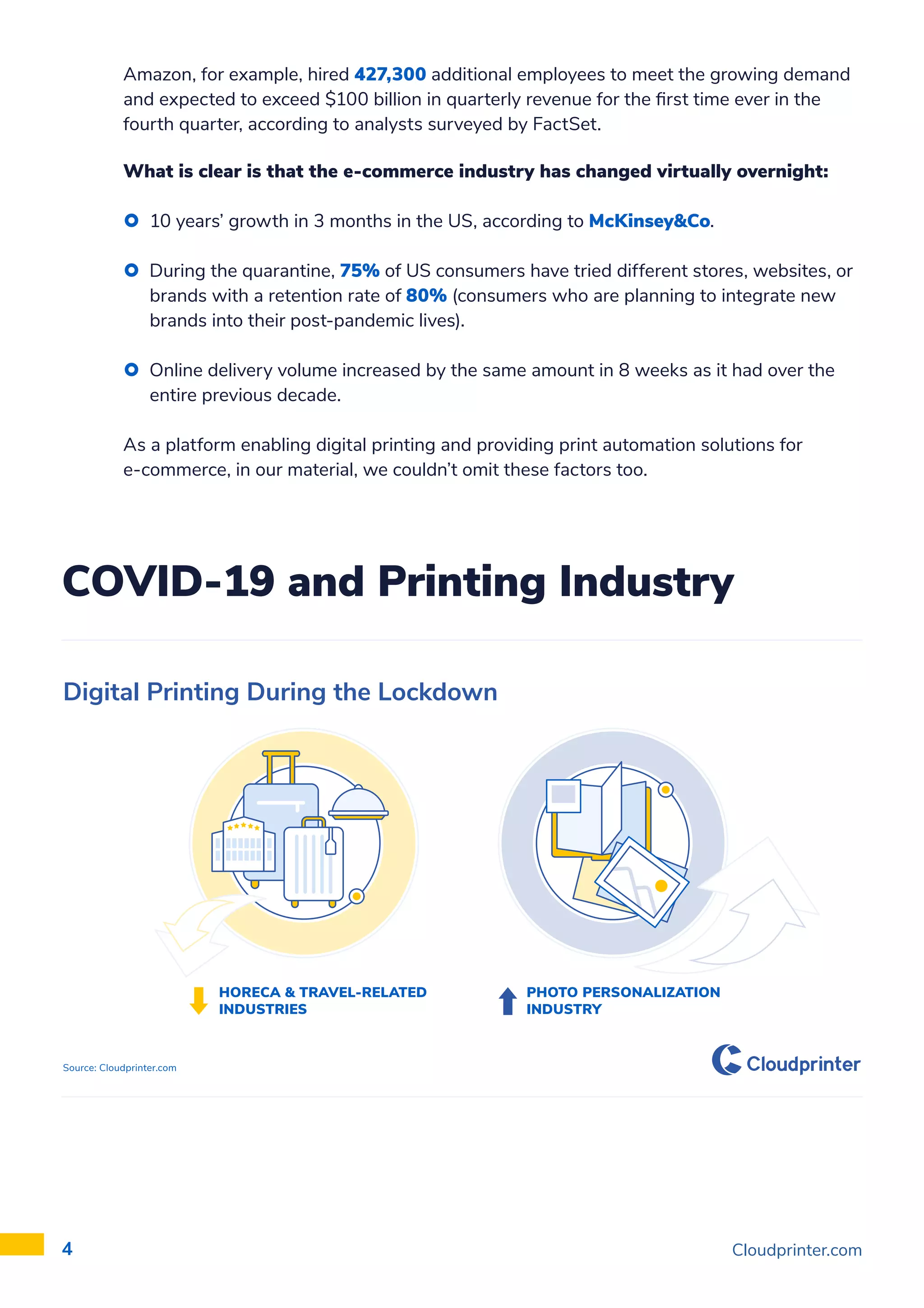 Cloudprinter.com
4
COVID-19 and Printing Industry
Digital Printing During the Lockdown
Source: Cloudprinter.com
HORECA & TRAVEL-RELATED
INDUSTRIES
PHOTO PERSONALIZATION
INDUSTRY
Amazon, for example, hired 427,300 additional employees to meet the growing demand
and expected to exceed $100 billion in quarterly revenue for the first time ever in the
fourth quarter, according to analysts surveyed by FactSet.
What is clear is that the e-commerce industry has changed virtually overnight:
 10 years’ growth in 3 months in the US, according to McKinsey&Co.
 During the quarantine, 75% of US consumers have tried different stores, websites, or
brands with a retention rate of 80% (consumers who are planning to integrate new
brands into their post-pandemic lives).
 Online delivery volume increased by the same amount in 8 weeks as it had over the
entire previous decade.
As a platform enabling digital printing and providing print automation solutions for
e-commerce, in our material, we couldn’t omit these factors too.
 