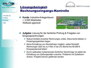 Lösungsbeispiel : Rechnungseingangs-Kontrolle Kunde:  Industrie-Anlagenbauer  > 3.000 Mitarbeiter Weltweit agierend Aufgabe:  Lösung für die fachliche Prüfung & Freigabe von Eingangsrechnungen Status/Verbleib einzelner Rechnungen unklar, Dokumente bleiben in Posteingangskörben liegen Keine Einhaltung von Skontofristen möglich, wobei Rohstoff-Rechnungen über bis zu 4 Mio. € bei 2% Skonto bis 80.000 € Einsparpotenzial böten! Durch weltweiten Außeneinsatz fachlicher Genehmiger ist selbst die Einhaltung von Zahlungszielen unsicher. Probleme mit Zulieferern drohen, Projekte können gefährdet werden 