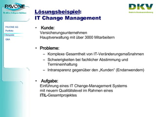 Lösungsbeispiel : IT Change Management Kunde:   Versicherungsunternehmen Hauptverwaltung mit über 3000 Mitarbeitern Probleme: Komplexe Gesamtheit von IT-Veränderungsmaßnahmen Schwierigkeiten bei fachlicher Abstimmung und Termineinhaltung Intransparenz gegenüber den „Kunden“ (Endanwendern) Aufgabe:   Einführung eines IT Change-Management Systems  mit neuem Qualitätslevel im Rahmen eines  ITIL- Gesamtprojektes 