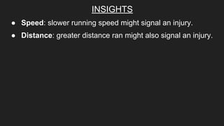 INSIGHTS
● Speed: slower running speed might signal an injury.
● Distance: greater distance ran might also signal an injury.
 