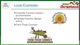 Local Examples 
Charlotte Farmers market – yourfarmstand 
Fairfield Farmers Market online 
Farm Fresh Connect  