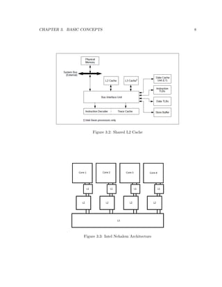 es some data it needs to notify all other cores that the data was changed. This is done 
via cache coherency protocols such as the MESI protocol. Sending coherency messages cross- 
chips is very expensive and aects the overall performance of the processors[12, 11, 7, 4]. 
Cross-chip coherency messages can be avoided by placing the threads on the same chip so 
that the threads share the last level cache. 
The size of caches on each chip is limited. Cores compete with each other for cache re- 
sources. There is also only one memory controller per chip and cores need to use the 
memory controller each time they access data in the memory. These are the common prob- 
lems that applications that run on multicore systems face. The coherency messages that 
the cores send to each other will also aect the performance of applications [5]. 
An operating system scheduler needs to consider these bottlenecks and make intelligent 
decisions on how to place the threads on dierent cores. The way the scheduler decides to 
place the threads on the cores will impact the overall performance of the system. Dierent 
applications with dierent characteristics will run on the system and the scheduler needs to 
monitor the behavior of these applications and make its decisions based on that. To facili- 
tate this process for schedulers, modern processors provide invaluable information about the 
performance of each core via hardware performance counters. Hardware performance coun- 
ters are special purpose registers put into the processors to re
ect the activities of each core. 
In this thesis we focus on reducing the number of messages due to the coherency proto- 
col. We exploit some of the performance counters to gain knowledge about the amount of 
data sharing among threads. Using this knowledge we design a scheduler that intelligently 
schedules the threads that are sharing data onto a single chip so that the threads share their 
data on the shared last level cache. Hence, they no longer need to send messages across chips 
to maintain their coherency. We call this behavior being sharing-aware, and the placement 
that the scheduler chooses is a sharing-aware placement. Just using this technique we show 
that the runtime of multithreaded applications that share data can be improved by up to 
42%. 
 