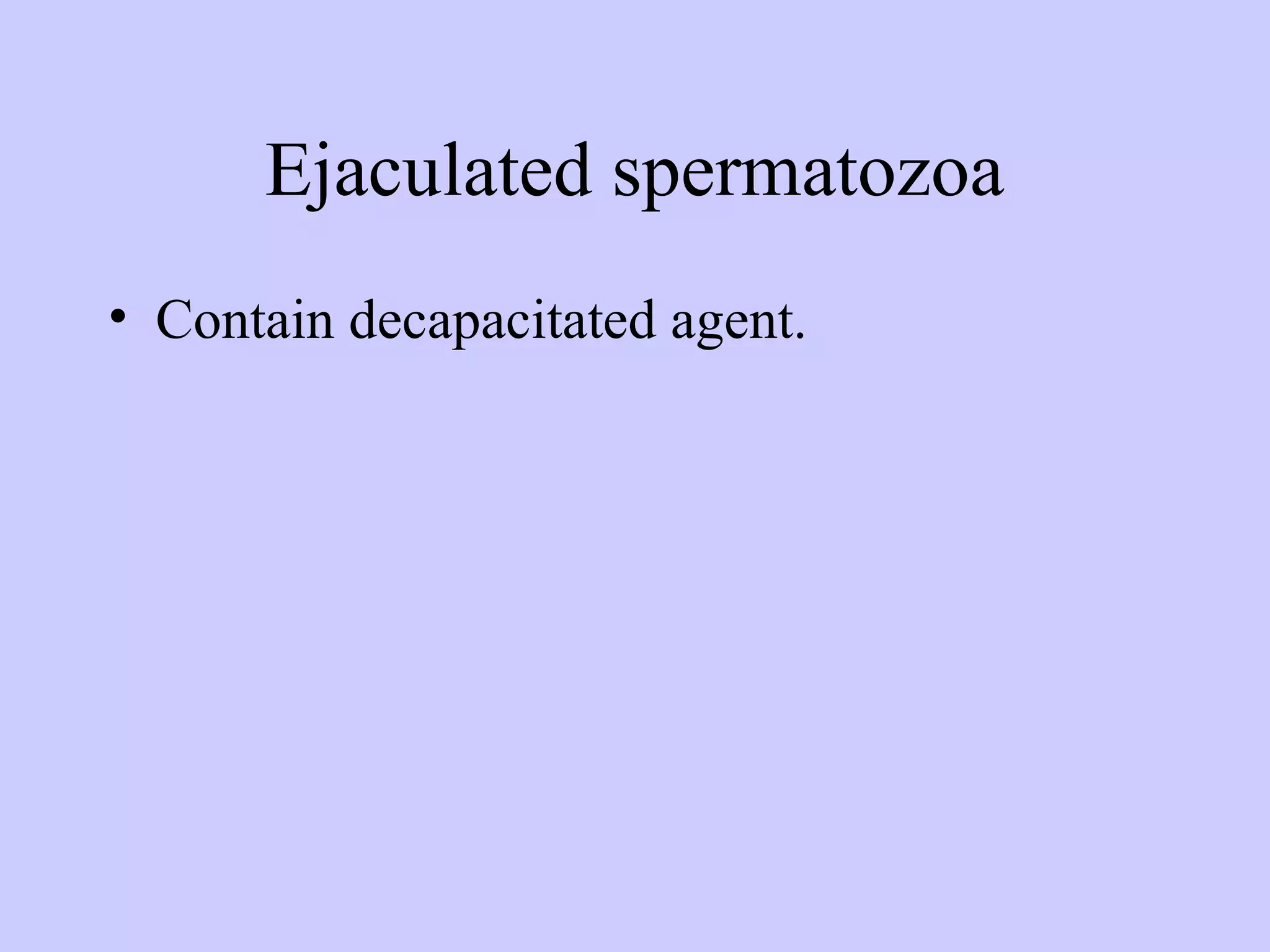 Ejaculated spermatozoa
• Contain decapacitated agent.
 