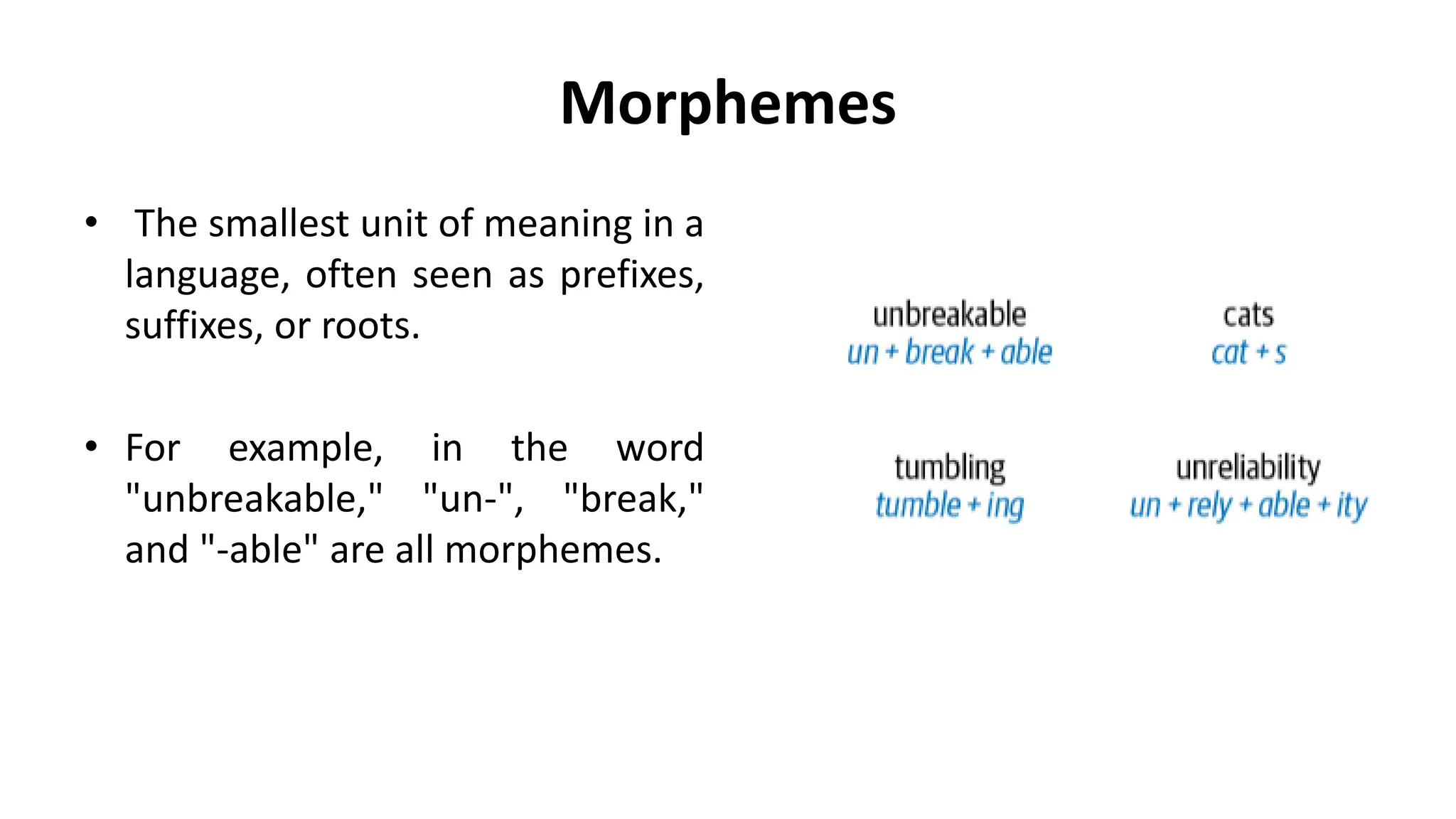 Morphemes
• The smallest unit of meaning in a
language, often seen as prefixes,
suffixes, or roots.
• For example, in the word
"unbreakable," "un-", "break,"
and "-able" are all morphemes.
 