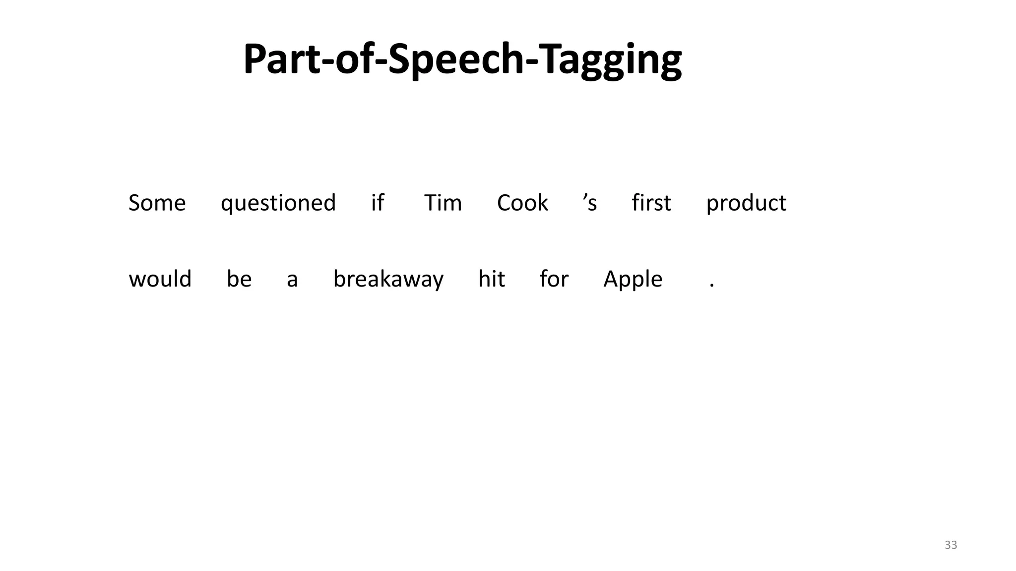 33
determiner verb (past) prep. proper proper poss. adj. noun
Some questioned if Tim Cook ’s first product
modal verb det. adjective noun prep. proper punc.
would be a breakaway hit for Apple .
Part-of-Speech-Tagging
 