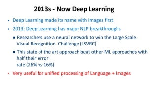 2013s - Now DeepLearning
• Deep Learning made its name with Images first
• 2013: Deep Learning has major NLP breakthroughs
▪Researchers use a neural network to win the Large Scale
Visual Recognition Challenge (LSVRC)
▪This state of the art approach beat other ML approaches with
half their error
rate (26% vs 16%)
• Very useful for unified processing of Language + Images
 