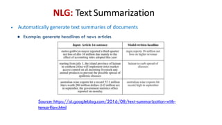 NLG: TextSummarization
• Automatically generate text summaries of documents
▪ Example: generate headlines of news articles
Source: https://ai.googleblog.com/2016/08/text-summarization-with-
tensorflow.html
 