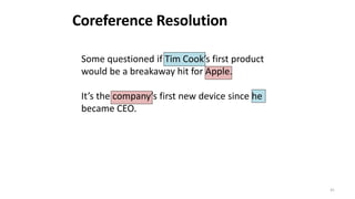 41
Some questioned if Tim Cook’s first product
would be a breakaway hit for Apple.
It’s the company’s first new device since he
became CEO.
Coreference Resolution
 